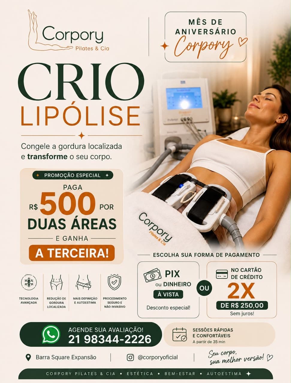 Promoção Criolipólise: R$ 500 por 2 áreas e ganhe a 3ª. PIX à vista com desconto ou 2x de R$ 250 sem juros.